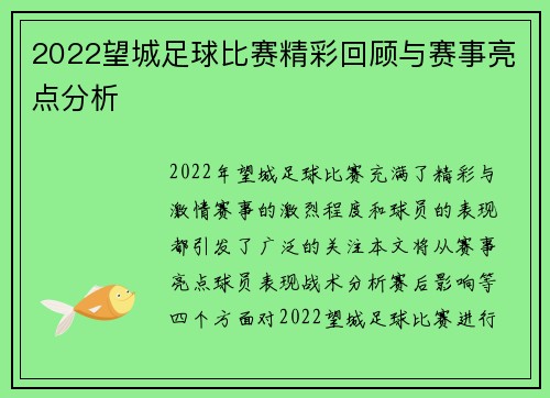 2022望城足球比赛精彩回顾与赛事亮点分析