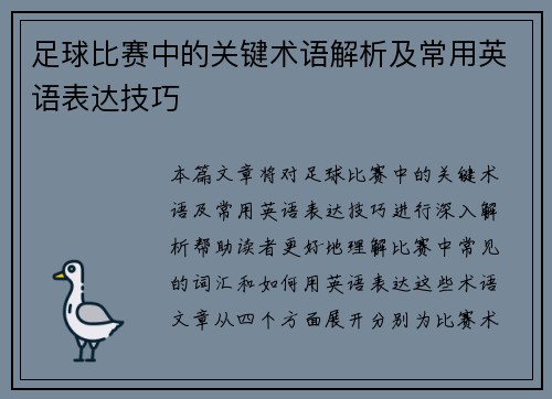 足球比赛中的关键术语解析及常用英语表达技巧