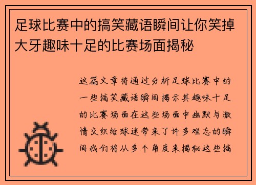 足球比赛中的搞笑藏语瞬间让你笑掉大牙趣味十足的比赛场面揭秘