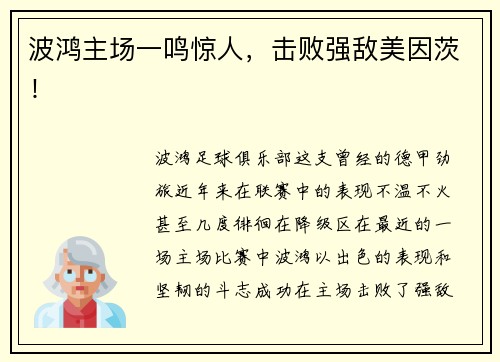 波鸿主场一鸣惊人，击败强敌美因茨！