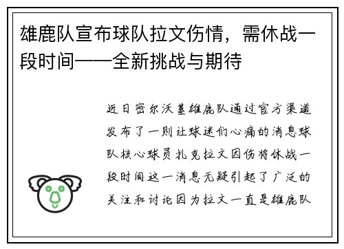 雄鹿队宣布球队拉文伤情，需休战一段时间——全新挑战与期待