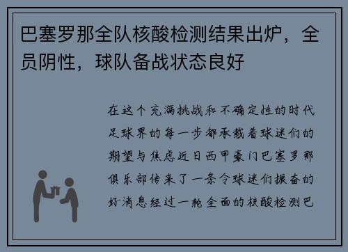 巴塞罗那全队核酸检测结果出炉，全员阴性，球队备战状态良好
