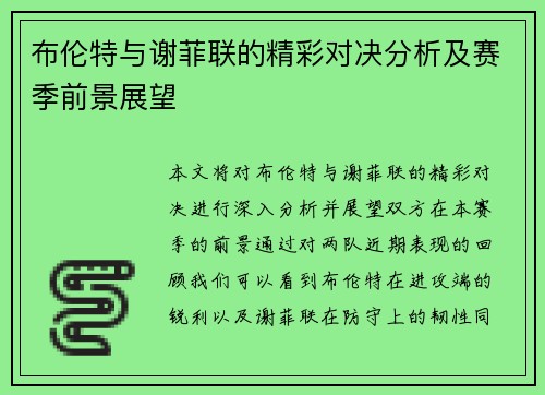 布伦特与谢菲联的精彩对决分析及赛季前景展望