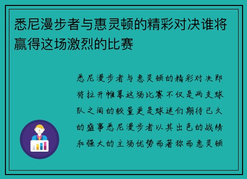 悉尼漫步者与惠灵顿的精彩对决谁将赢得这场激烈的比赛