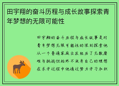 田宇翔的奋斗历程与成长故事探索青年梦想的无限可能性
