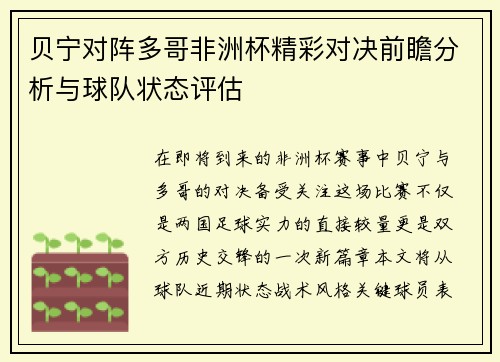 贝宁对阵多哥非洲杯精彩对决前瞻分析与球队状态评估
