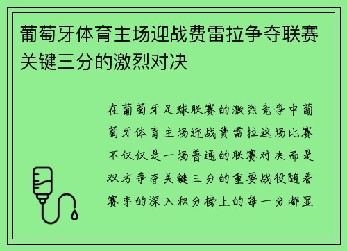 葡萄牙体育主场迎战费雷拉争夺联赛关键三分的激烈对决