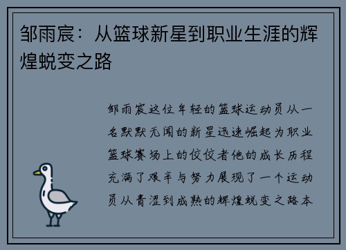 邹雨宸：从篮球新星到职业生涯的辉煌蜕变之路