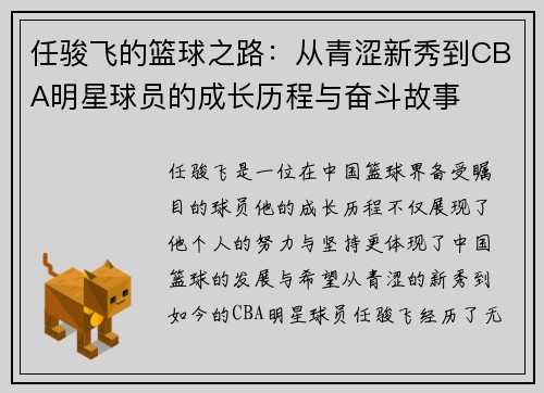 任骏飞的篮球之路：从青涩新秀到CBA明星球员的成长历程与奋斗故事
