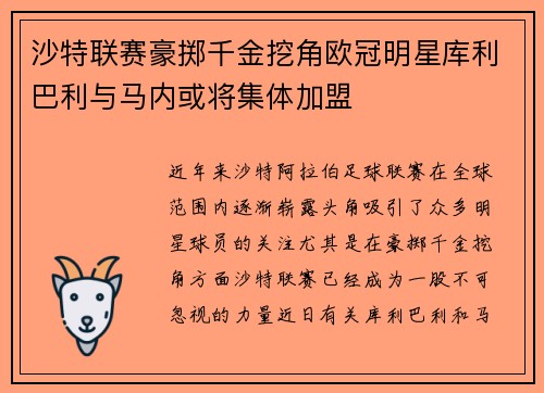 沙特联赛豪掷千金挖角欧冠明星库利巴利与马内或将集体加盟