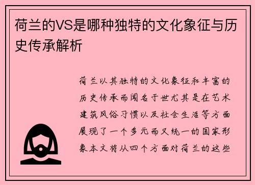 荷兰的VS是哪种独特的文化象征与历史传承解析