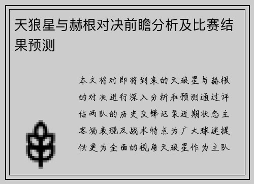 天狼星与赫根对决前瞻分析及比赛结果预测