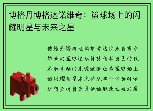 博格丹博格达诺维奇：篮球场上的闪耀明星与未来之星