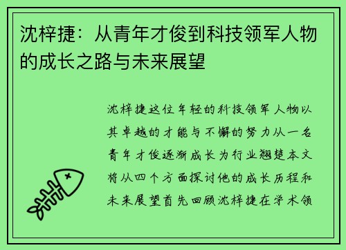 沈梓捷：从青年才俊到科技领军人物的成长之路与未来展望