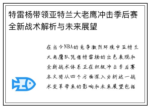 特雷杨带领亚特兰大老鹰冲击季后赛全新战术解析与未来展望