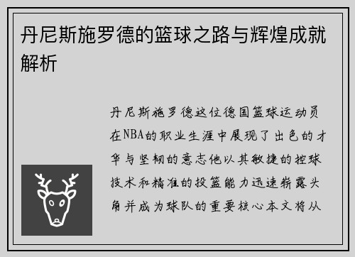 丹尼斯施罗德的篮球之路与辉煌成就解析