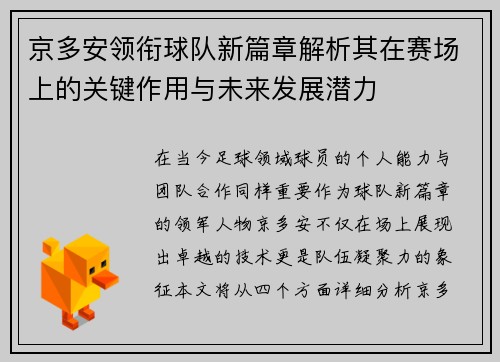 京多安领衔球队新篇章解析其在赛场上的关键作用与未来发展潜力
