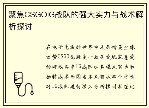 聚焦CSGOIG战队的强大实力与战术解析探讨