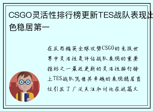 CSGO灵活性排行榜更新TES战队表现出色稳居第一