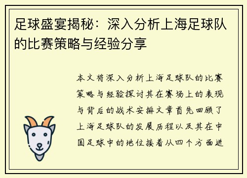 足球盛宴揭秘：深入分析上海足球队的比赛策略与经验分享